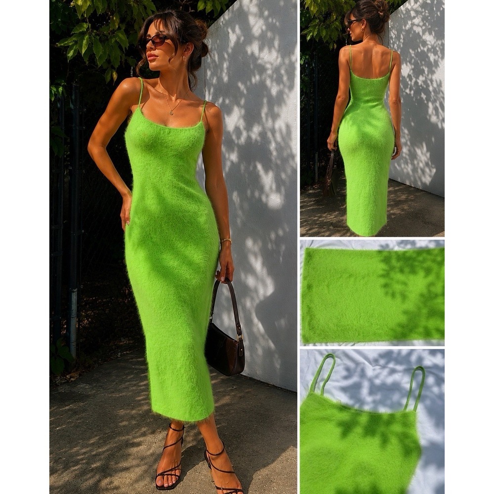 Fabletics Neon Green Fuzzy Soft Stretch Bodycon Spaghetti Strap